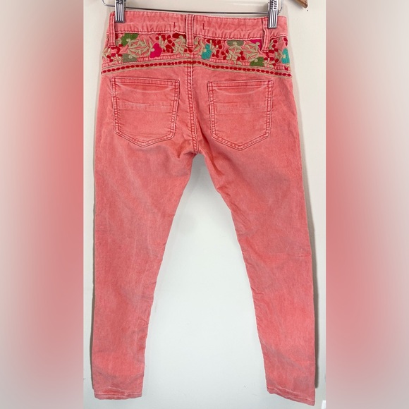 Free People Floral Embroidered Corduroy Low Rise Skinny Pant Coral Pink Sz 26 - Picture 3 of 14